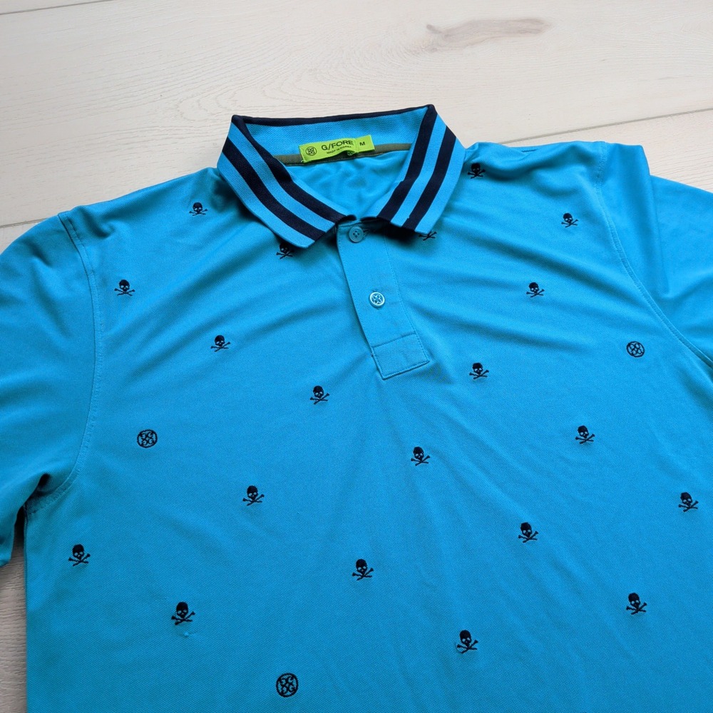 G/Fore Polo Shirt Mens M Embroidered Tech Jersey Skulls Teal Blue Stretch